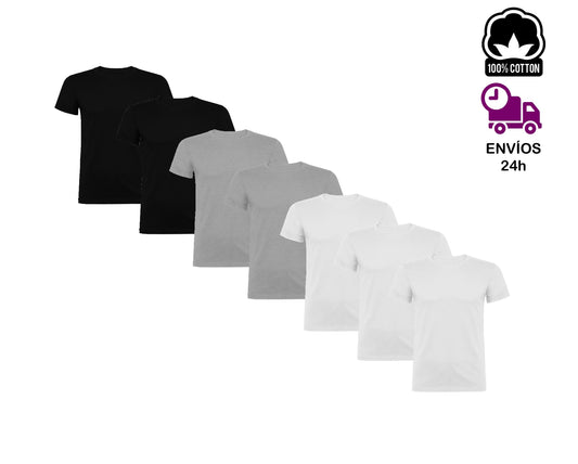 Pack de 7 Camisetas Básicas para Hombre Transpirables 100% Algodón gramaje de 155 g/m² Camisetas Casual y Deporte